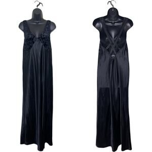 Vtg‎ Women Black Shiny Satin Maxi Nightgown Floral Velvet Burnout Vampy 90s Sz M